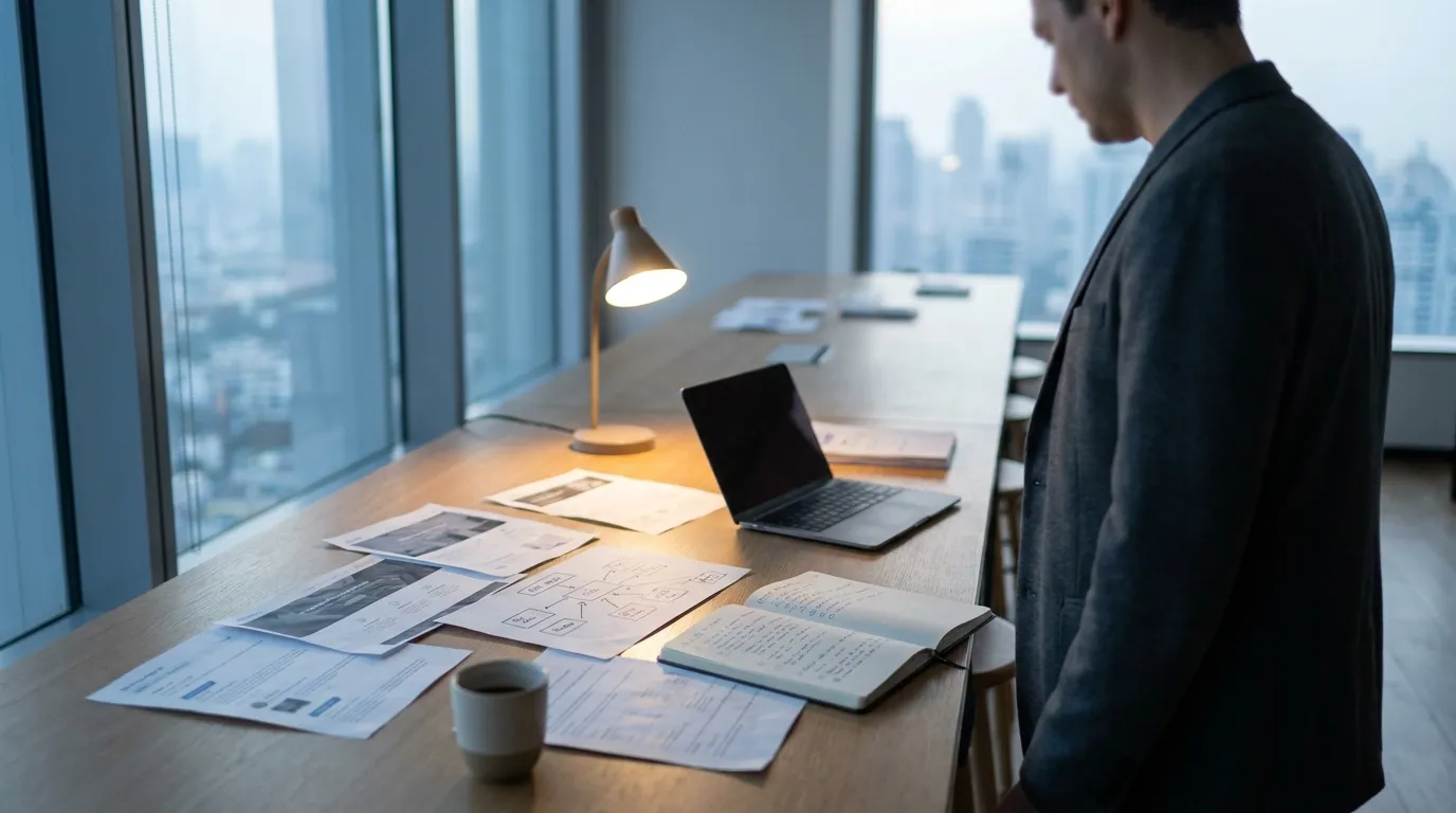 A marketer studies a table of printed web pages and notes in a softly lit office at dawn, suggesting a hands-on strategy for improving visibility in ChatGPT.