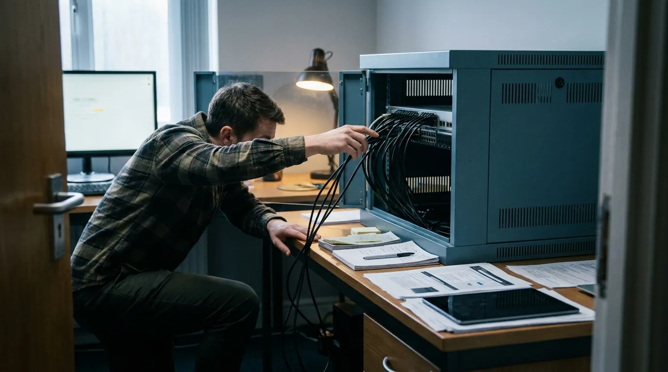 An SEO specialist works beside a network cabinet and desk equipment, emphasizing the technical access needed before a site can be considered by ChatGPT.