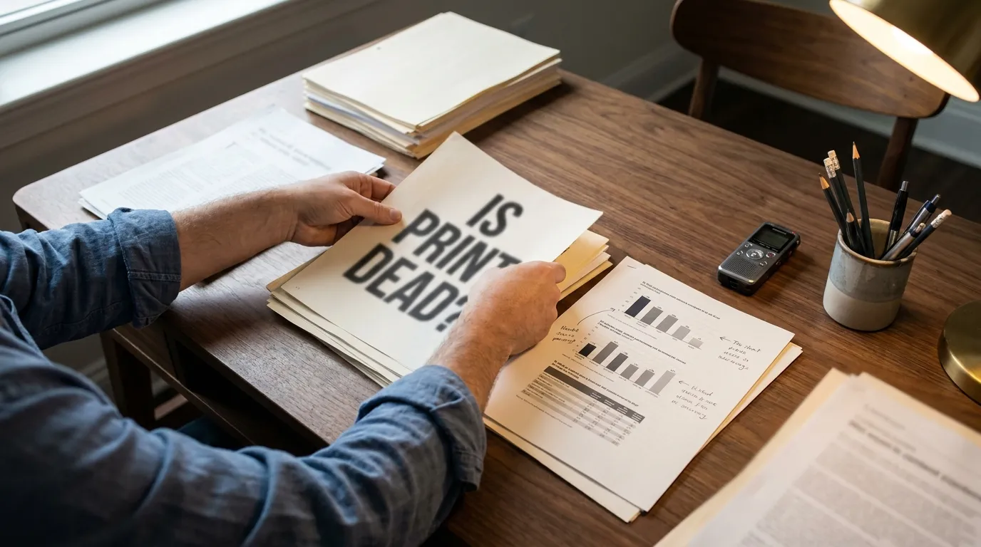 An editor sorts printed article drafts and supporting data on a wooden desk, representing answer-first content designed to be cited by ChatGPT.
