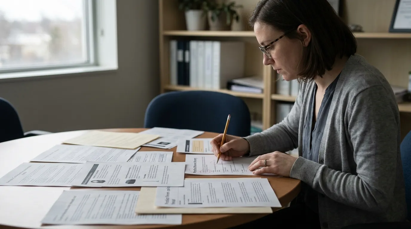 A communications manager compares printed reviews, listings, and reference pages at a meeting table, suggesting the outside sources ChatGPT may trust when mentioning a brand.