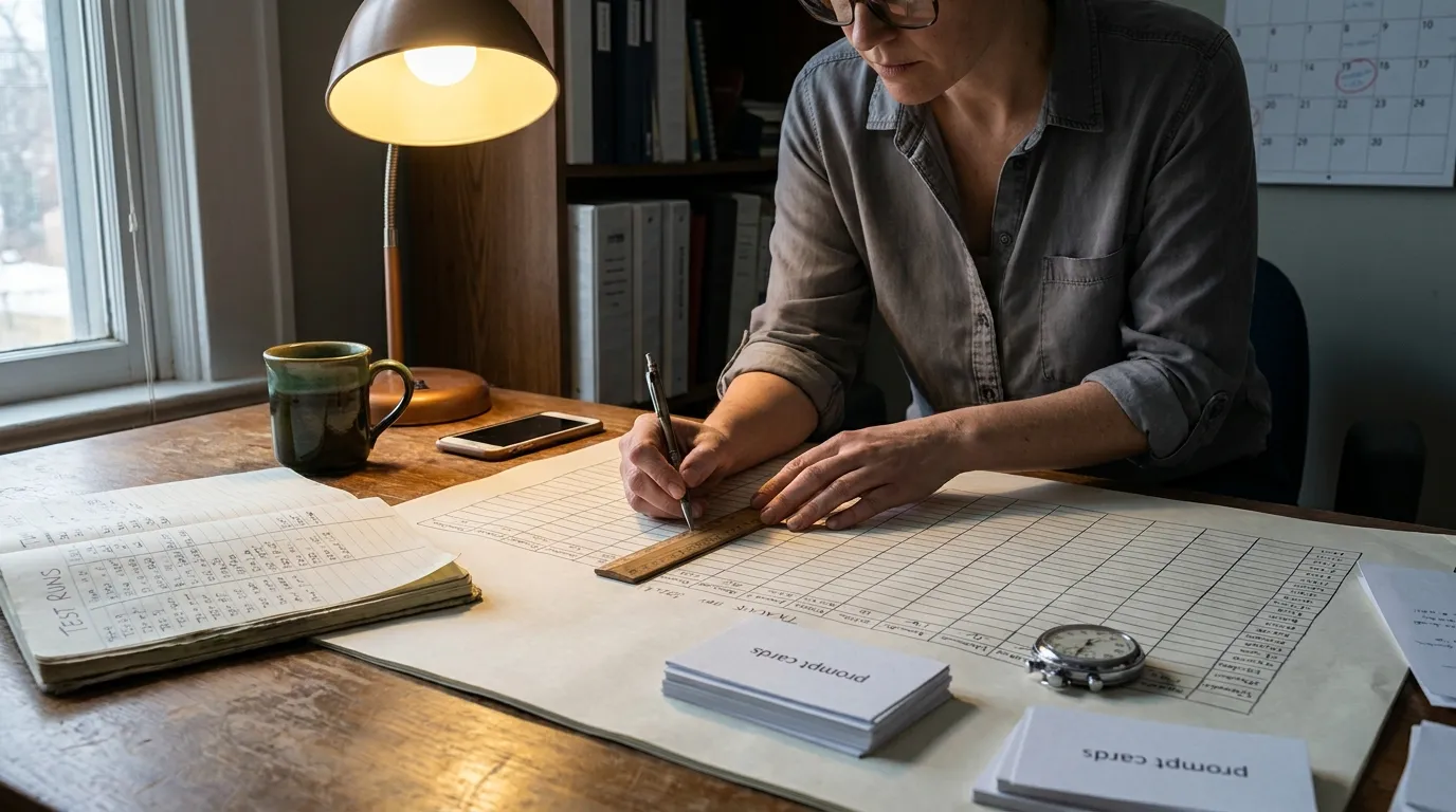 An analyst records repeated prompt tests by hand on a large worksheet under cool daylight and a desk lamp, representing careful measurement of ChatGPT visibility and referrals.