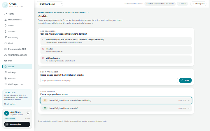 AI-readability audits screen: crawler accessibility checks for the brand domain and a history of scored page audits.