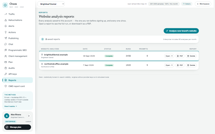 Website analysis reports list with saved analyses, their run and prompt counts, and open, PDF and delete actions.