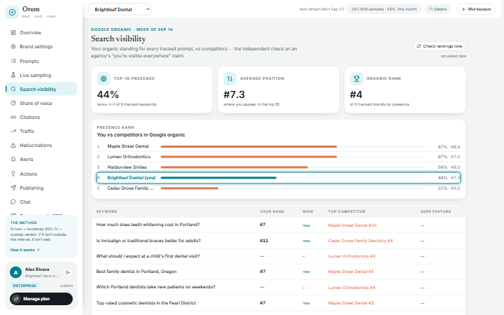 Search visibility dashboard: top-10 presence, average Google position, organic rank against competitors, and a keyword-by-keyword rank table.